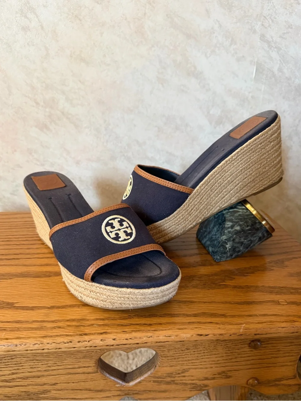 Tory Burch Navy and Tan Espadrille Wedge Slides